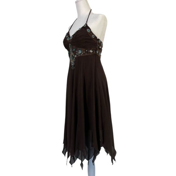 Vintage Sue Wong‎ Fairy Grunge Silk Midi Dress Size 4 Y2K Brown Bead Turquoise - Picture 3 of 16